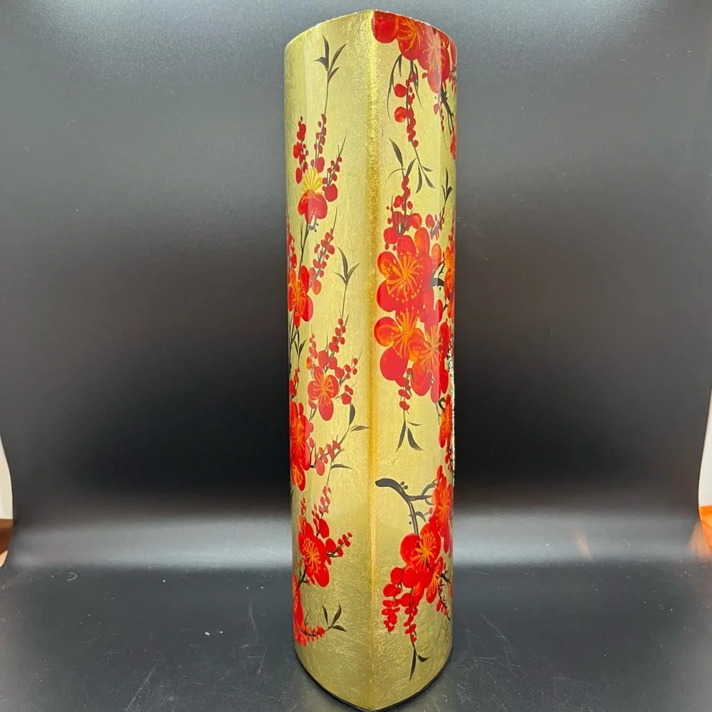 Stunning Gold Vase with Beautiful Crimson Flowers Asian